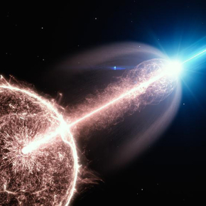 Artist's impression of a relativistic jet of a gamma-ray burst (GRB), breaking out of a collapsing star, and emitting very-high-energy photons.
